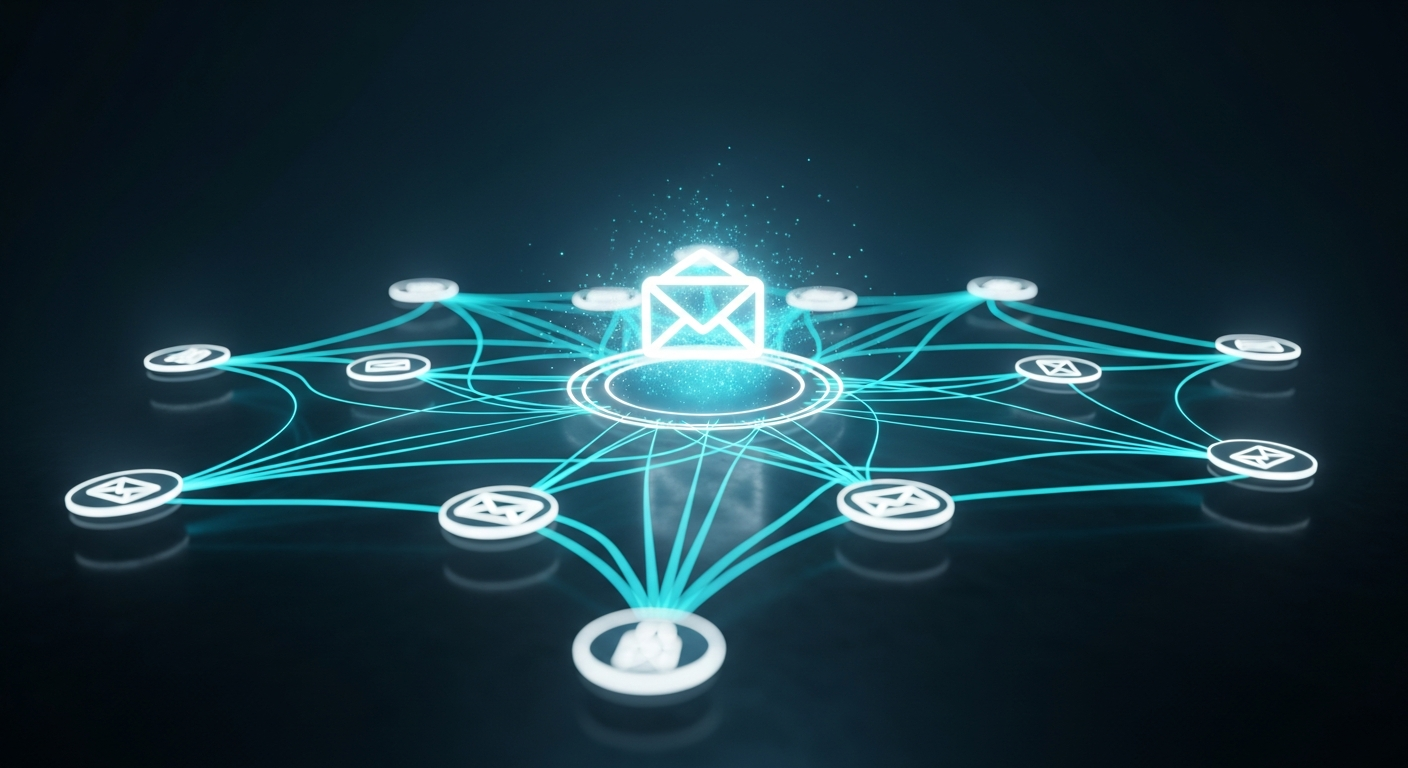 Futuristic visualization of automated email newsletter workflow