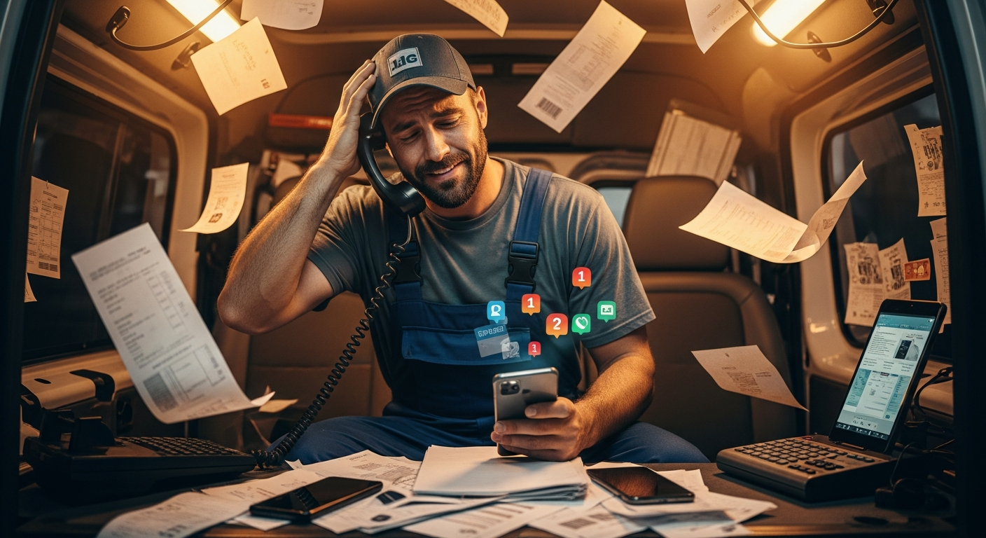Overwhelmed plumber juggling phone calls and paperwork