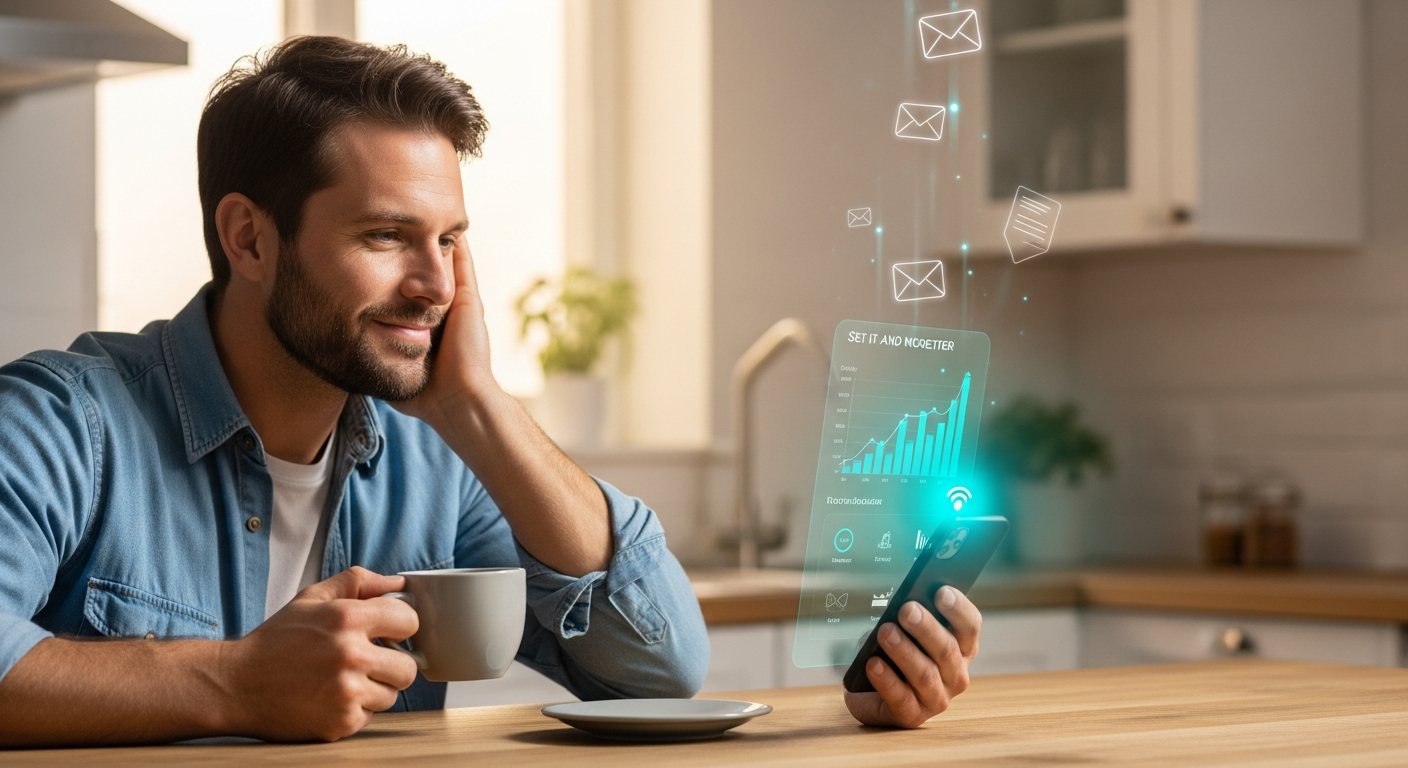 Relaxed plumber checking phone with automated email analytics