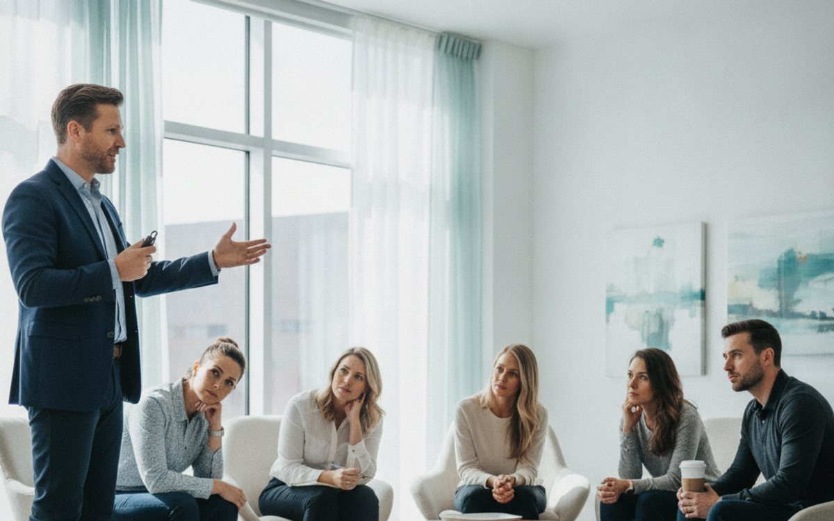 A coach running a small workshop for prospective clients