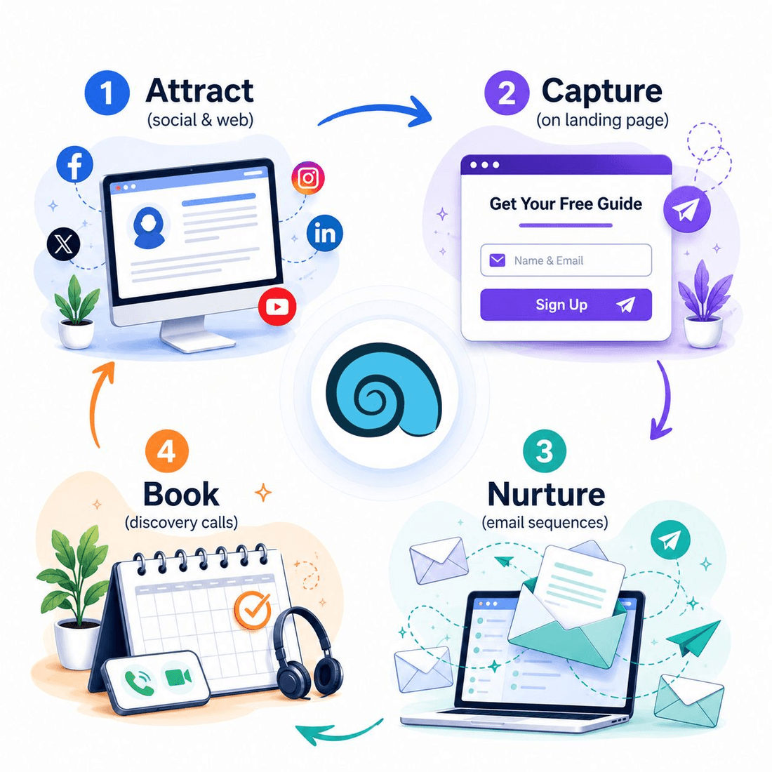 The 4 stages of a coaching sales funnel: attract, capture on the landing page, nurture, and book
