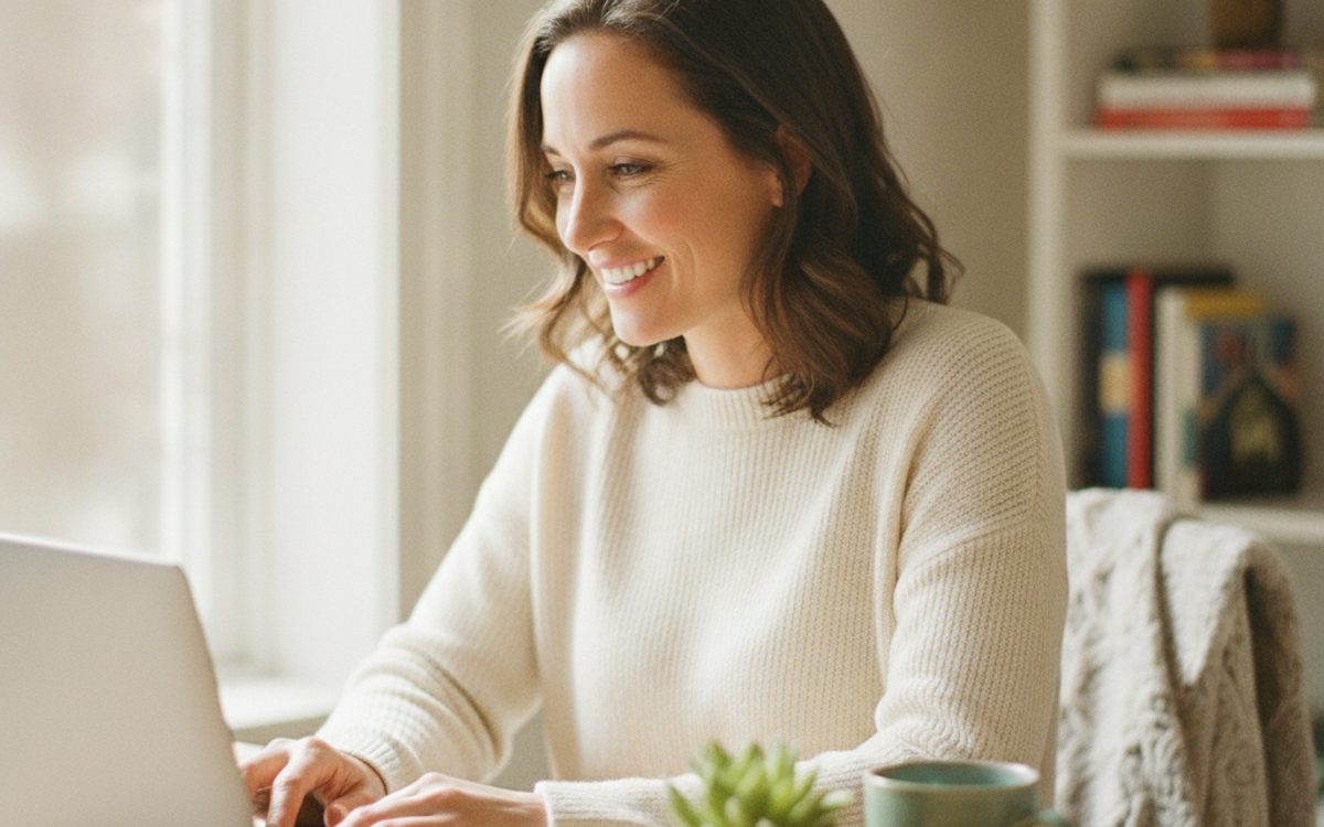 A coach working on her email funnel on a laptop in a bright home office