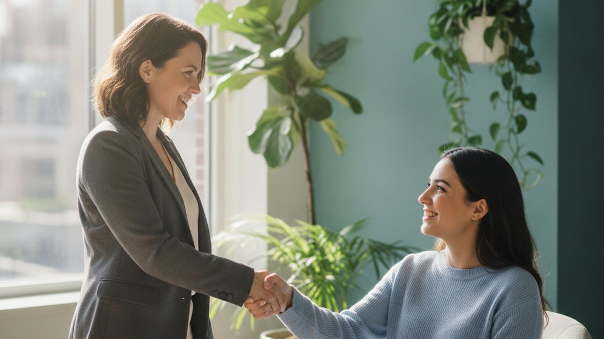 A coach welcoming a new coaching client into a first session
